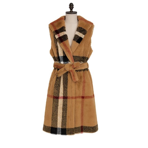 Sleeveless Faux Fur Plaid Pattern Belted Waist Long Vest. - Picture 1 of 3